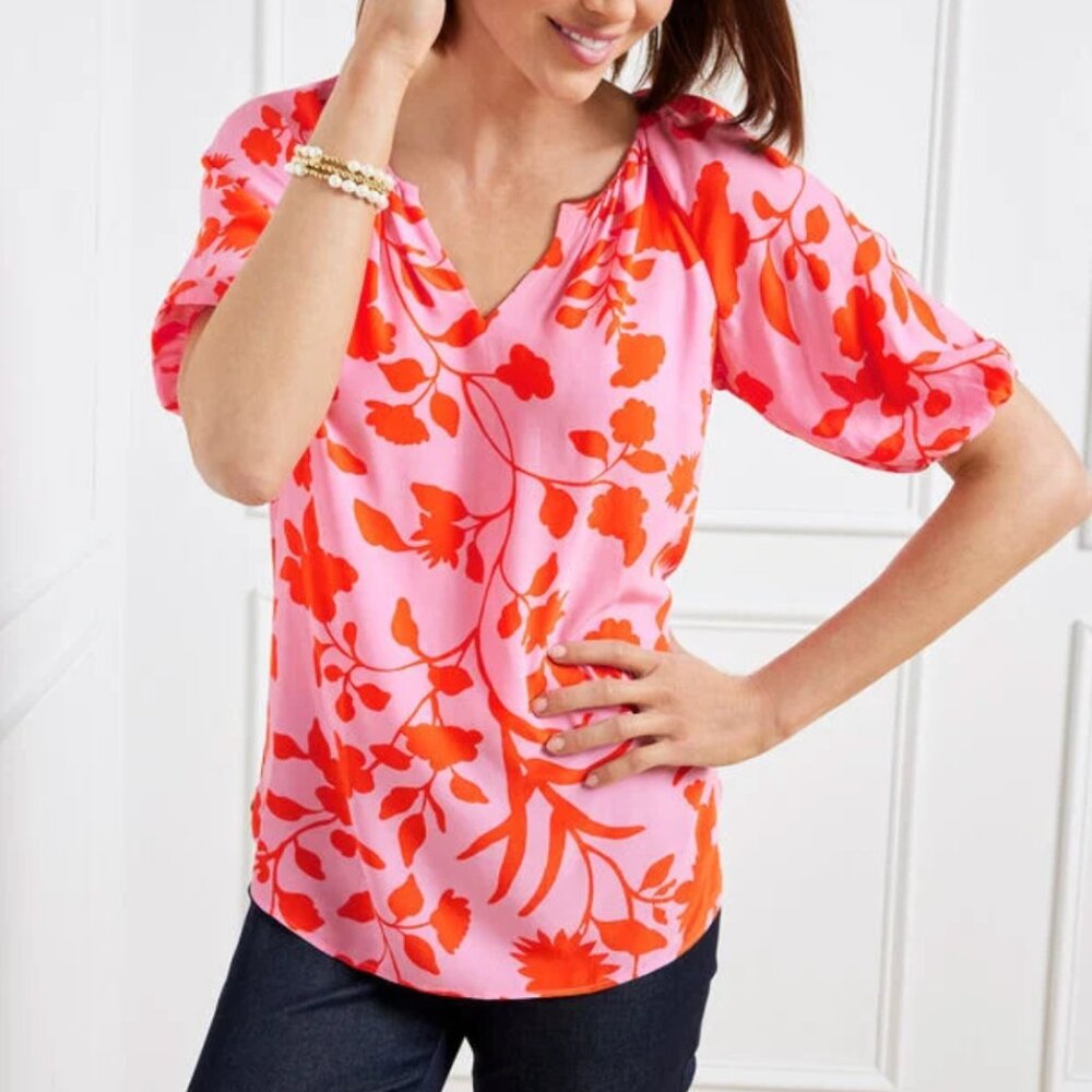 Talbots Blouse Womens Petite Small Pink Silhouette Garden Floral Elbow Top